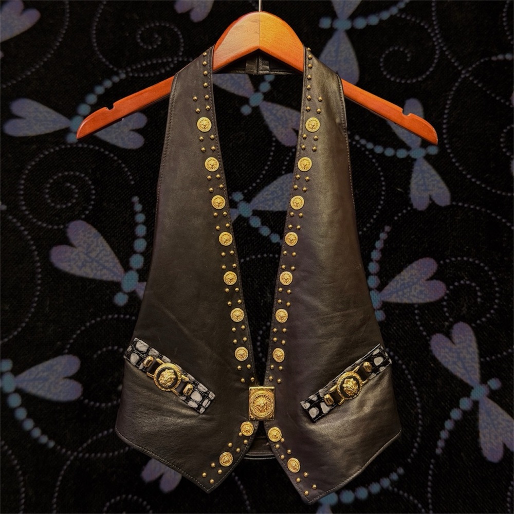 Cache Black Leather Studded Vest with Gold Medallion Accents